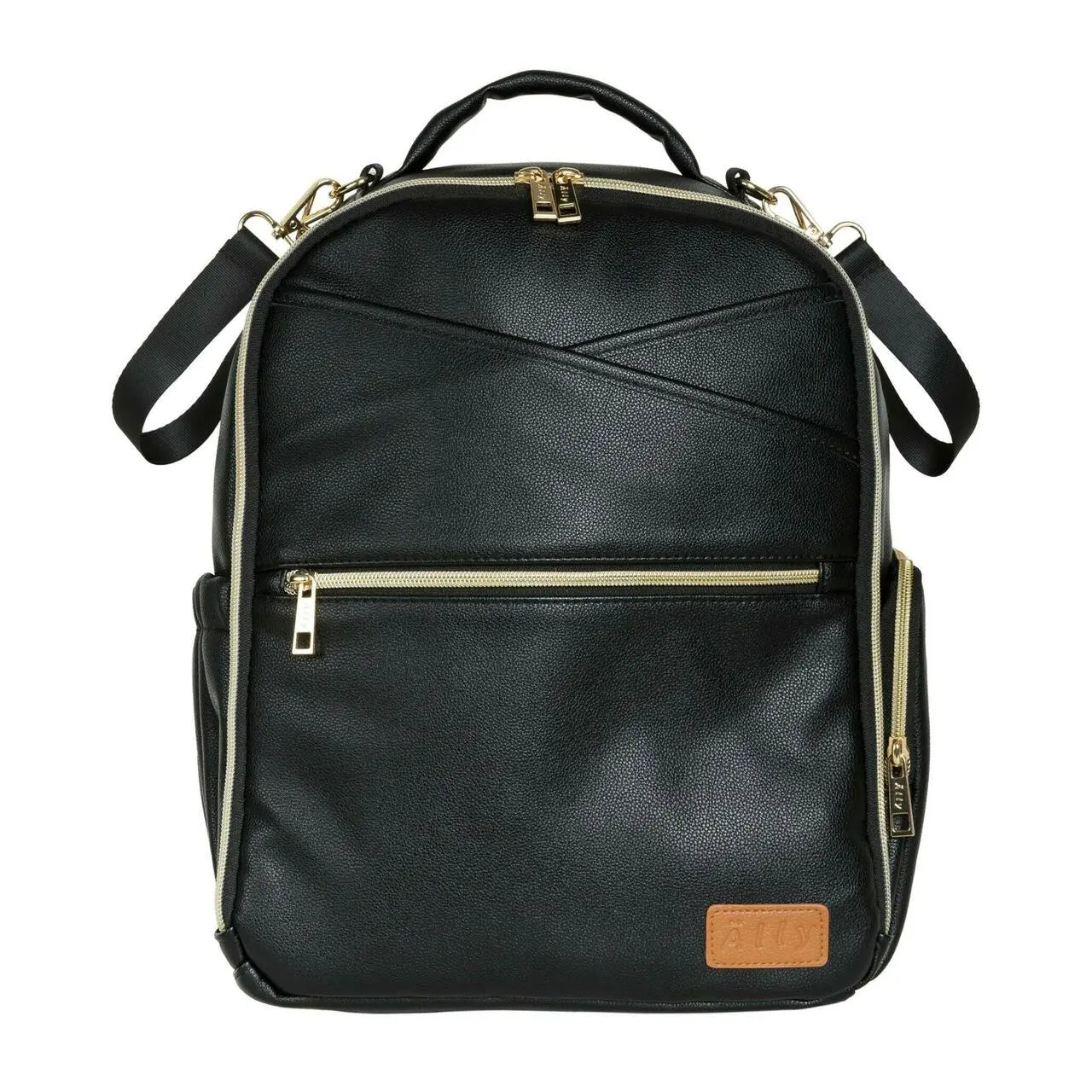 A compact Espresso Diaper Backpack with gold zippers, designed for style and organization on the go. Features multiple pockets, stroller straps, and durable vegan leather construction.