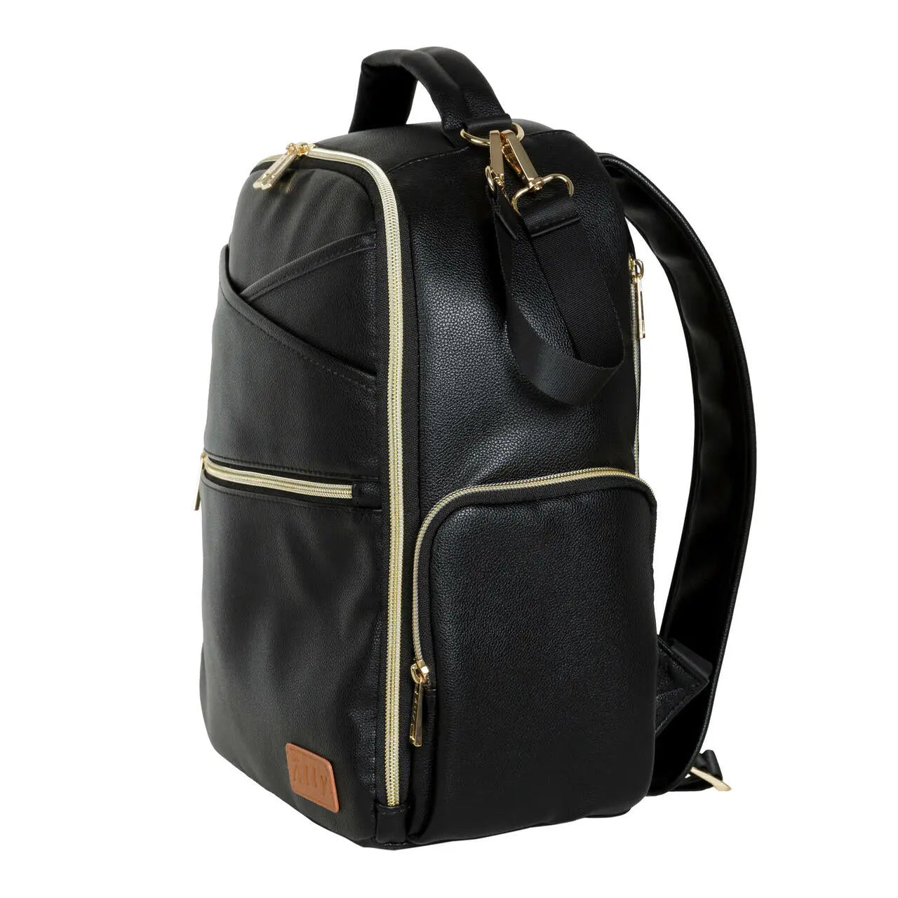 A small Espresso Diaper Backpack with gold zippers, designed for stylish and organized parents on the go. Lightweight, vegan leather, ample pockets, and stroller straps for hands-free convenience.