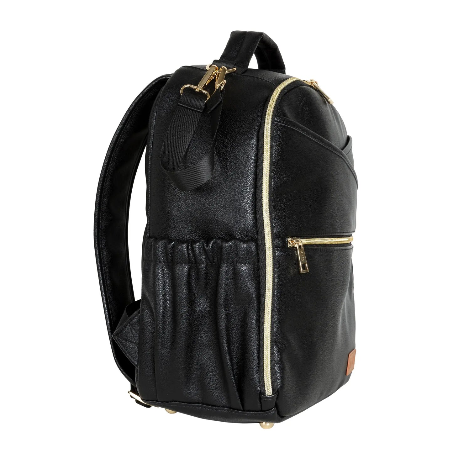 A compact Espresso Diaper Backpack with gold zippers, designed for style and functionality. Features include multiple pockets, stroller straps, and vegan leather construction. Ideal for on-the-go parents seeking convenience.