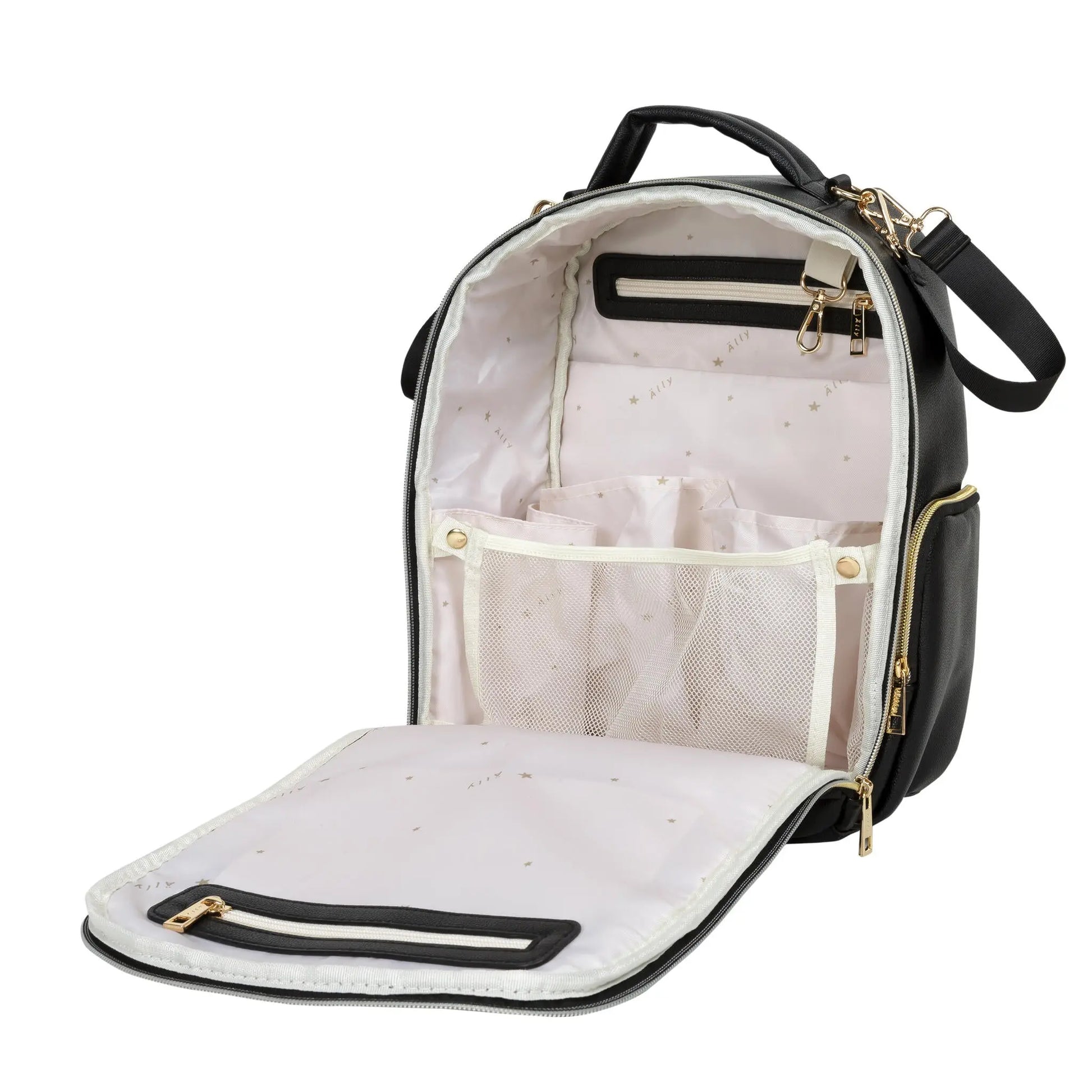 A black and white small diaper backpack with mesh details, YKK zippers, and multiple pockets for organized storage. Stylish, lightweight, and designed for on-the-go parents by Ally Scandic.