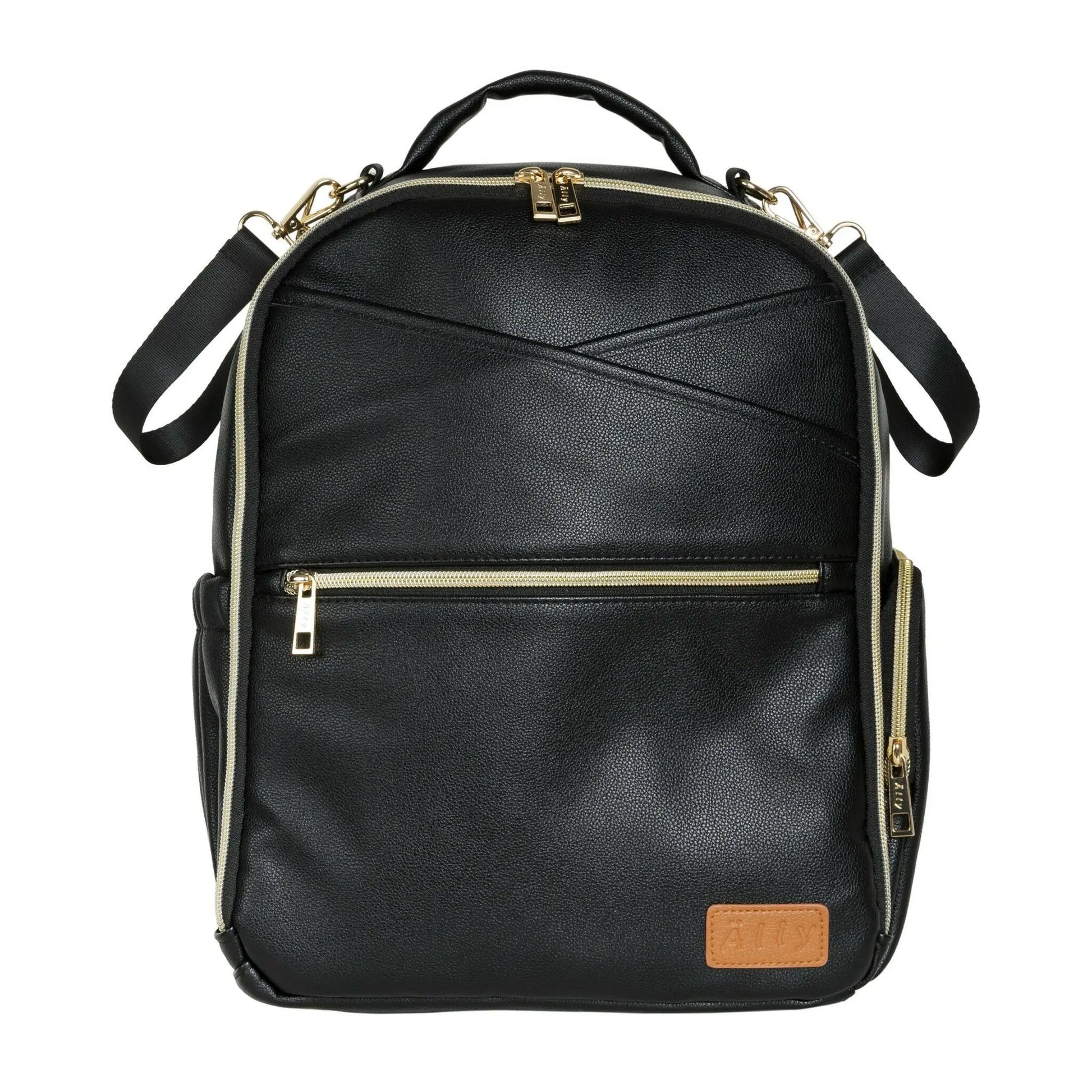 A compact Espresso Diaper Backpack with gold zippers, designed for stylish and organized parenting on the go. Features multiple pockets, stroller straps, and durable vegan leather construction. Dimensions: 35 × 26 × 15 cm.