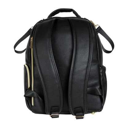 A black backpack with gold zippers and straps, designed for parents on the go. Features include multiple pockets, stroller straps, and a changing mat compartment. Stylish, lightweight, and practical.