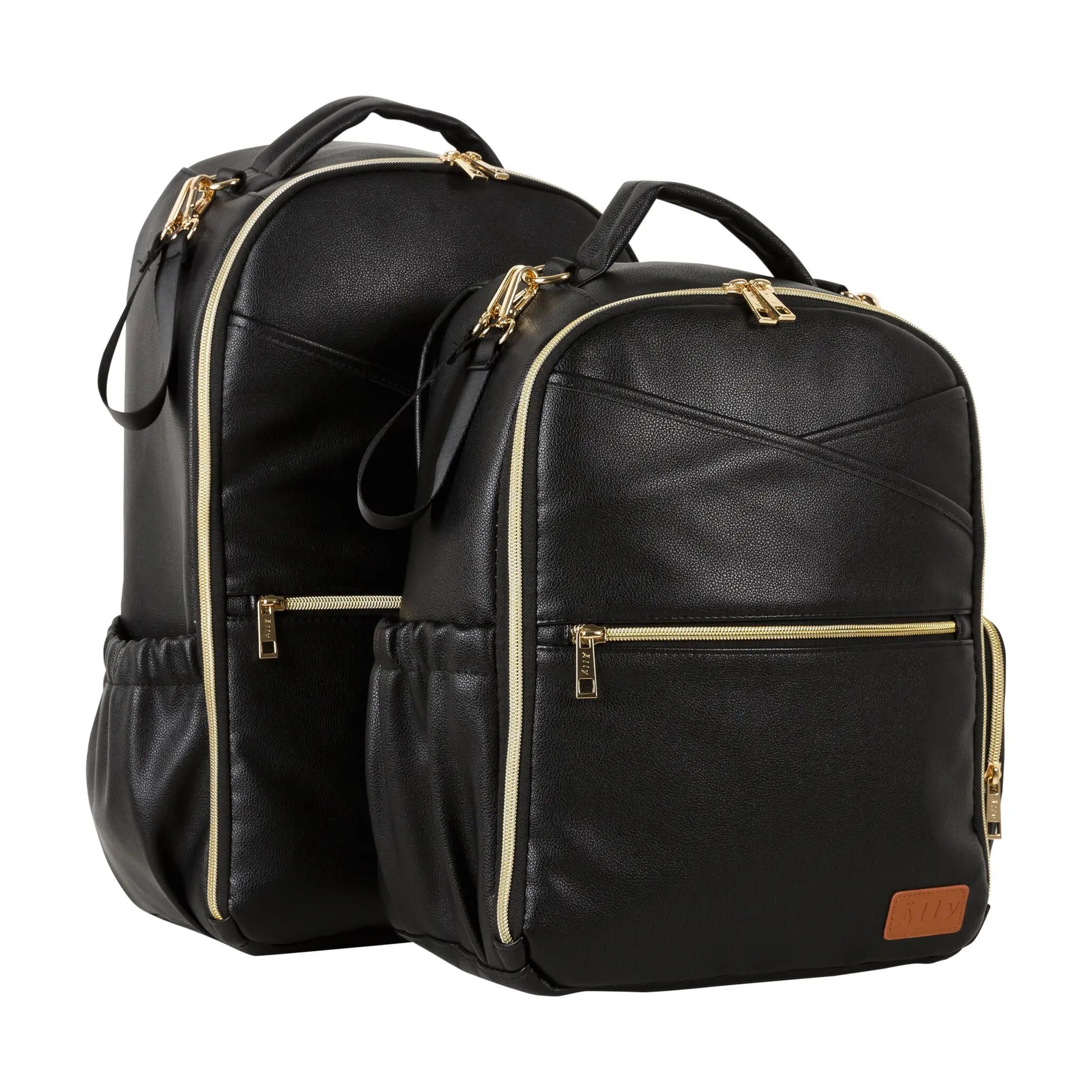 A versatile Small Diaper Backpack in Espresso, designed for on-the-go parents. Features include multiple pockets, padded laptop compartment, and stroller straps for hands-free convenience. Lightweight, durable PU vegan leather construction.