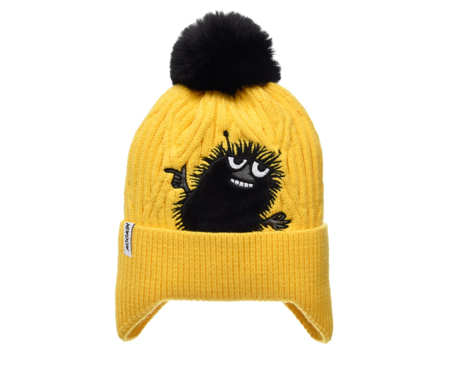 Stinky Winter Beanie Kids - Yellow featuring a black cartoon character, black pom, and soft fleece inside for warmth, designed by Nordicbuddies.