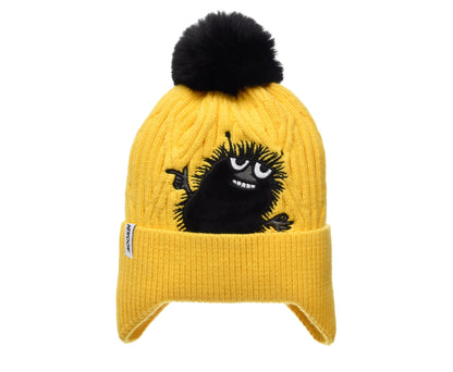 Stinky Winter Beanie Kids - Yellow featuring a black cartoon character, black pom, and soft fleece inside for warmth, designed by Nordicbuddies.