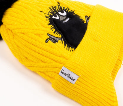 Stinky Winter Beanie Kids - Yellow, featuring a black cartoon character, crafted from soft acrylic, ideal for children aged 1.5-8 years.