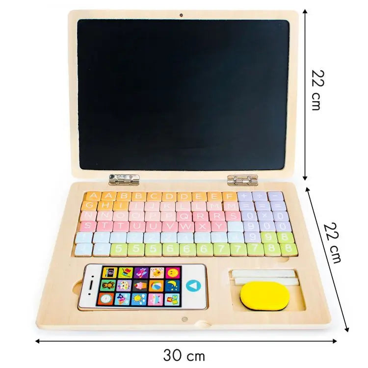 Wooden laptop with magnetic letters, numbers, and phone for educational play. Features blackboard surface for doodling. Dimensions: 30.5 x 23 x 2 cm. Age: 3+.