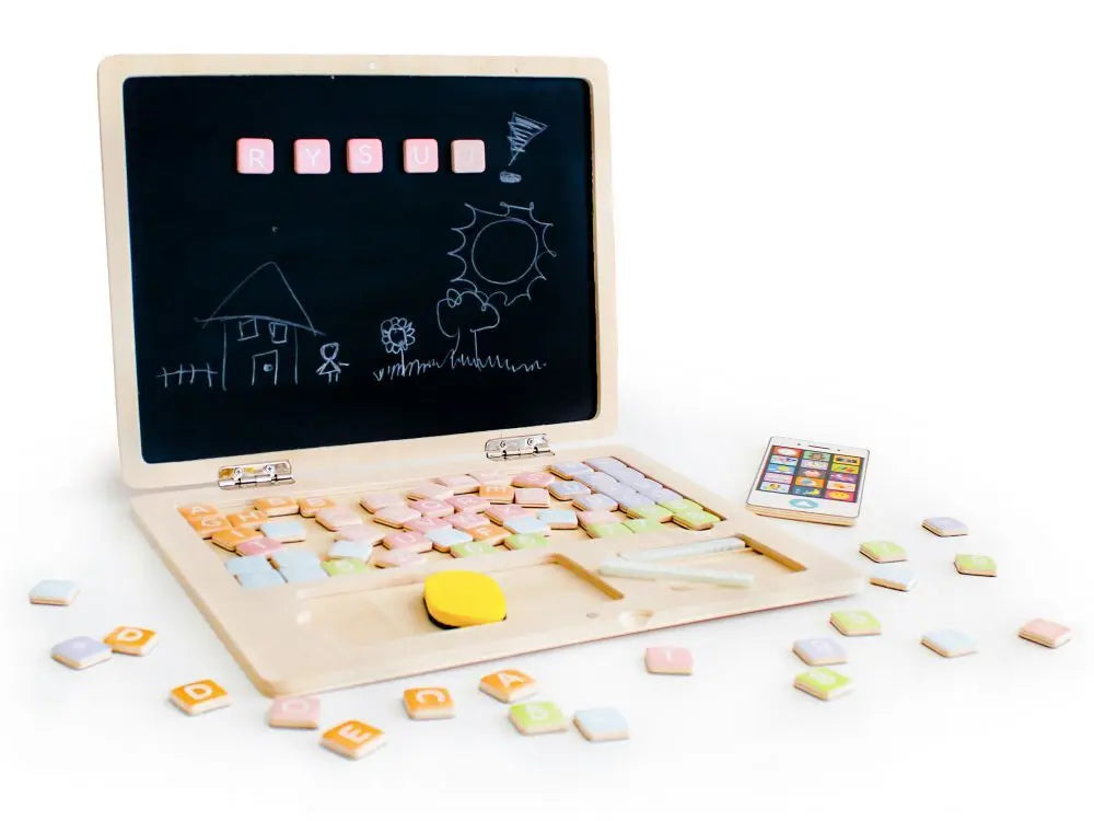 Wooden Laptop/Tablet + Phone Set: Educational toy with magnetic letters, numbers, and chalkboard surface for creative play. Includes laptop, phone, chalk, and sponge. Dimensions: 30.5 x 23 x 2 cm. Age: 3+.