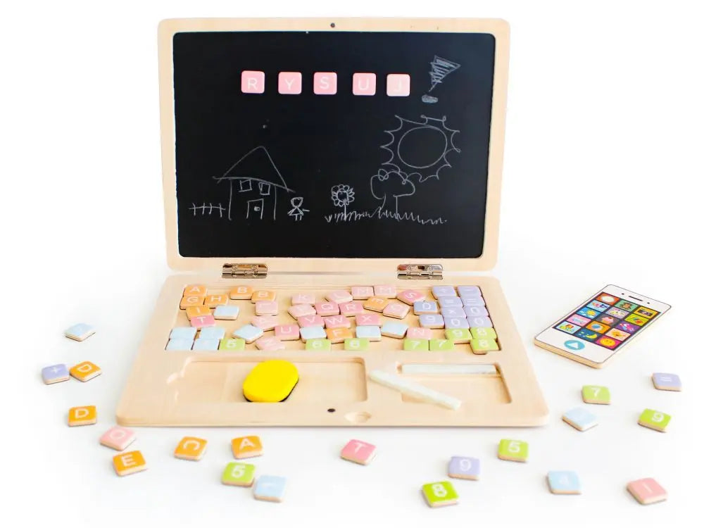 Wooden laptop with chalkboard, phone, magnetic elements for interactive learning and play. Includes blackboard surface, chalk, sponge. Dimensions: 30.5 x 23 x 2 cm. Age: 3+.