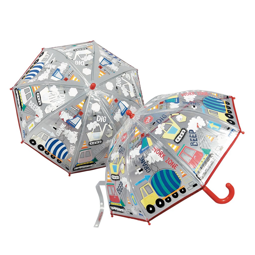 Transparent Color Changing 3D Umbrella - Construction Site featuring vehicle patterns, color-changing in rain, with clear viewing panel and Velcro fastener, ideal for children ages 3+.