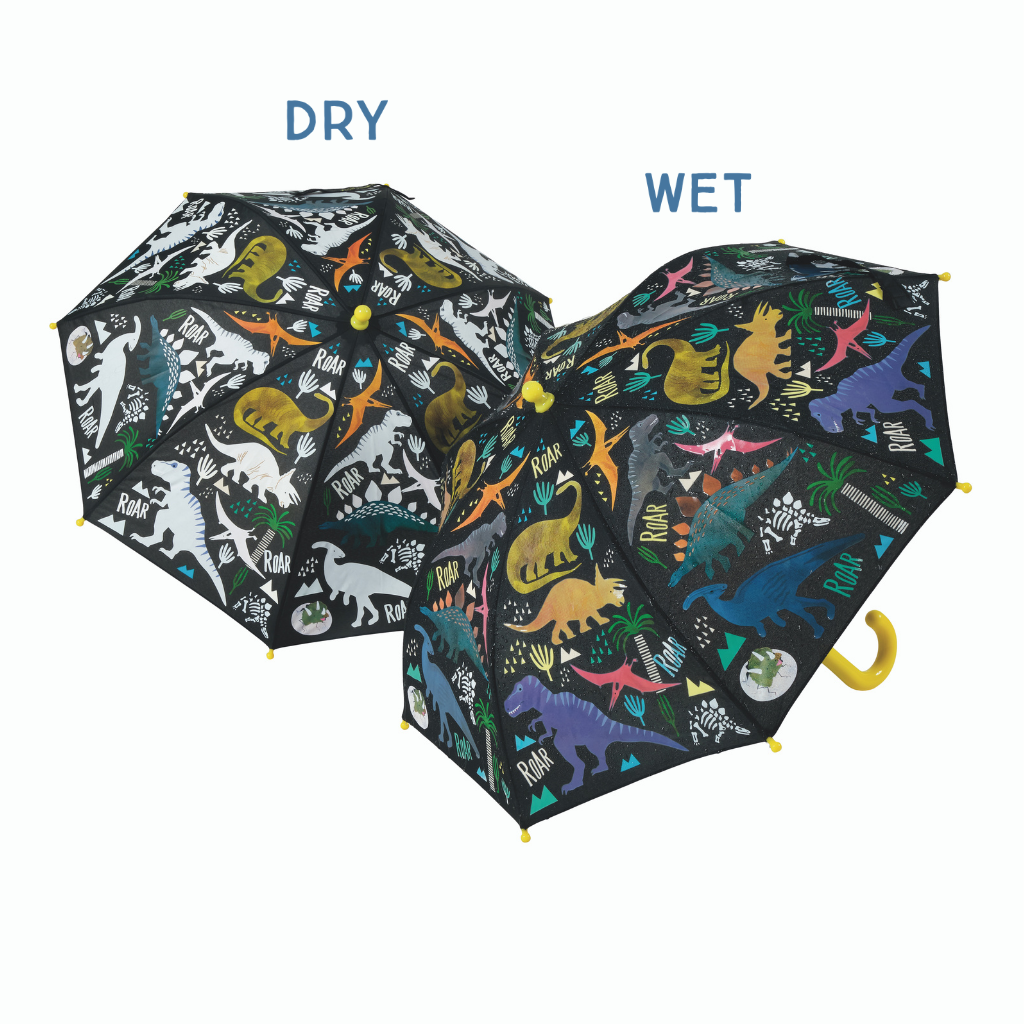 Transparent Color Changing 3D Umbrella - Dinosaur, featuring dinosaur designs, changes color when wet. Includes clear viewing panel and 3D elements, suitable for children 3+.