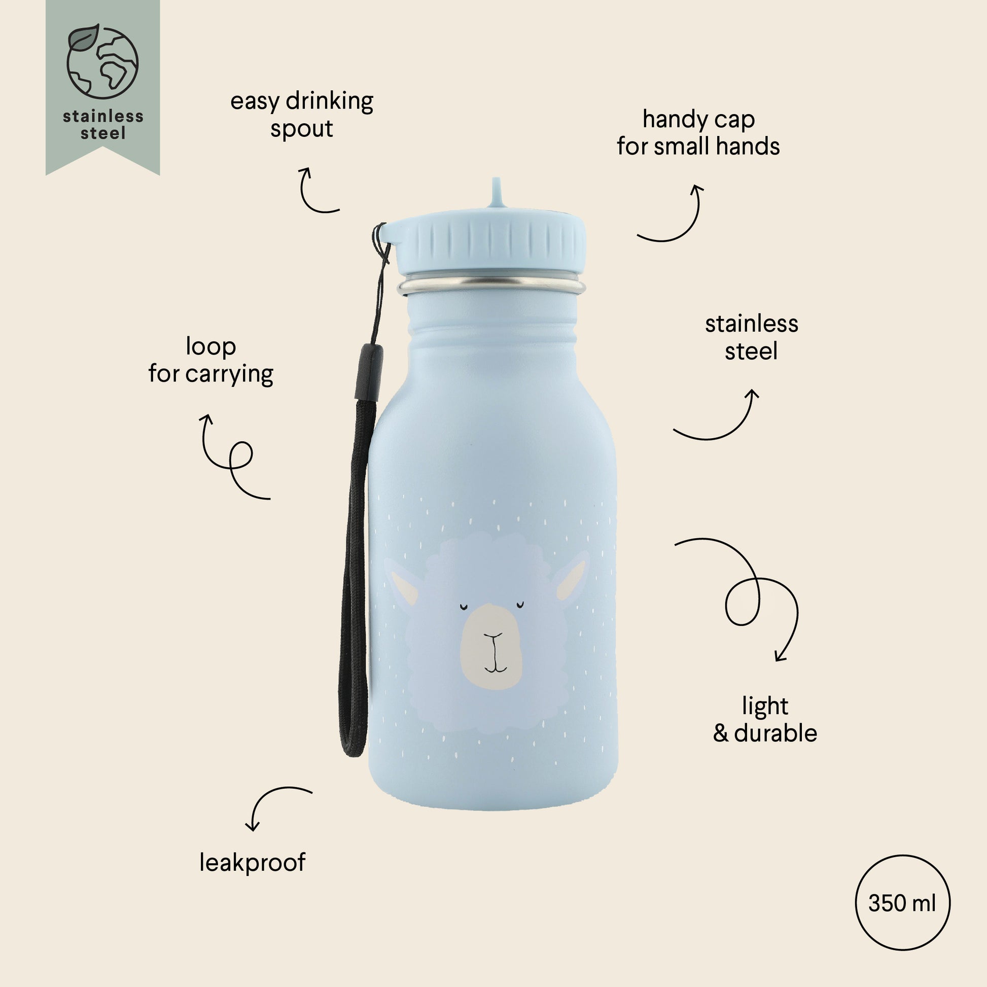 Stainless Steel Bottle 350 ml - Mr Alpaca, featuring a cartoon sheep design, a kid-friendly handle, and a leak-proof cap. Durable, stainless steel construction for eco-conscious hydration on-the-go.