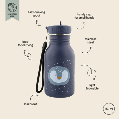 Stainless Steel Bottle featuring Mr Penguin design, 350 ml capacity. Durable, leak-proof, and kid-friendly with easy-to-open cap and carrying loop. Perfect eco-friendly choice for on-the-go hydration.