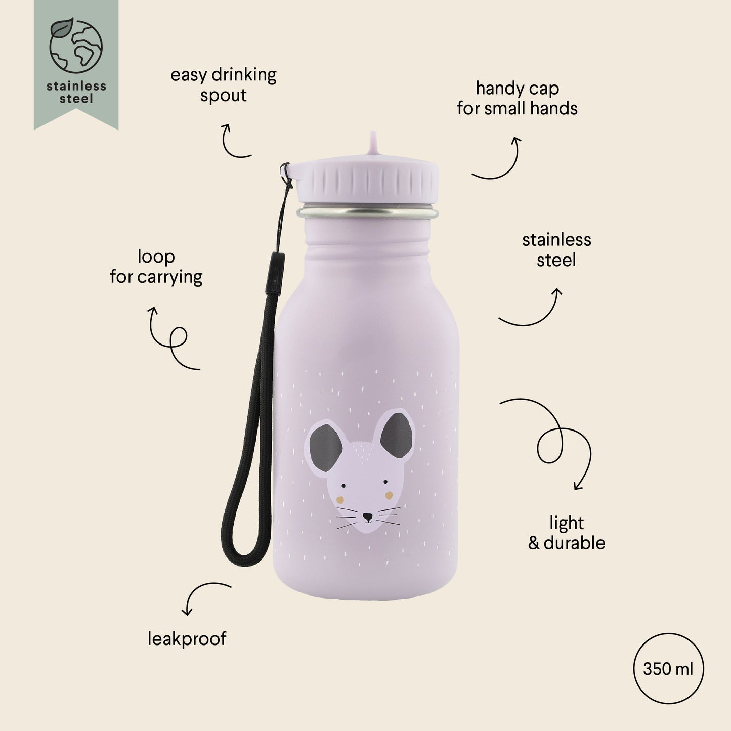 Stainless Steel Bottle 350 ml - Mrs Mouse with handle, leak-proof cap, and kid-friendly design. Durable, stainless steel construction for eco-friendly hydration on the go.