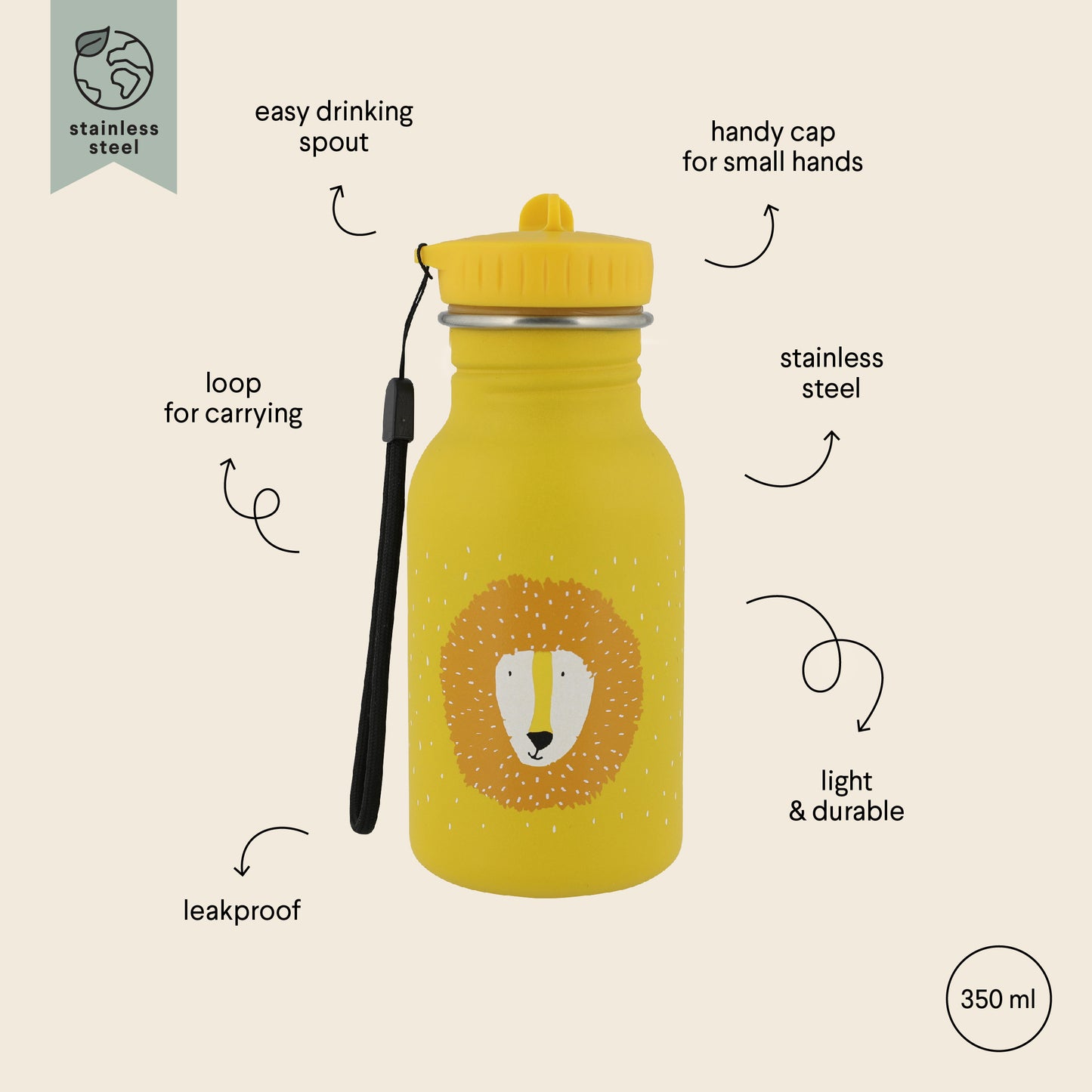 Stainless Steel Bottle 350 ml featuring Mr Lion cartoon face, stainless steel body, leak-proof cap with handle, and loop for easy carrying. Durable, kid-friendly design for on-the-go hydration.