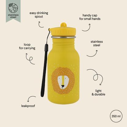 Stainless Steel Bottle 350 ml featuring Mr Lion cartoon face, stainless steel body, leak-proof cap with handle, and loop for easy carrying. Durable, kid-friendly design for on-the-go hydration.