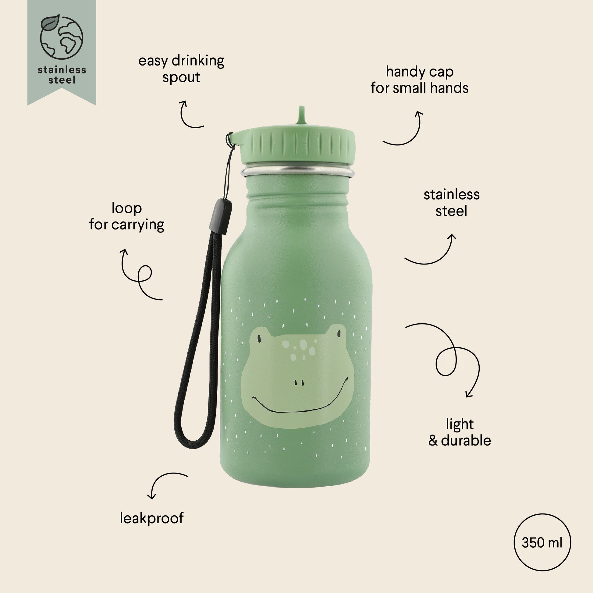 Stainless Steel Bottle 350 ml - Mr Frog, a green water bottle with a frog design, perfect for kids, made of durable stainless steel with a leak-proof cap and easy-to-carry loop.
