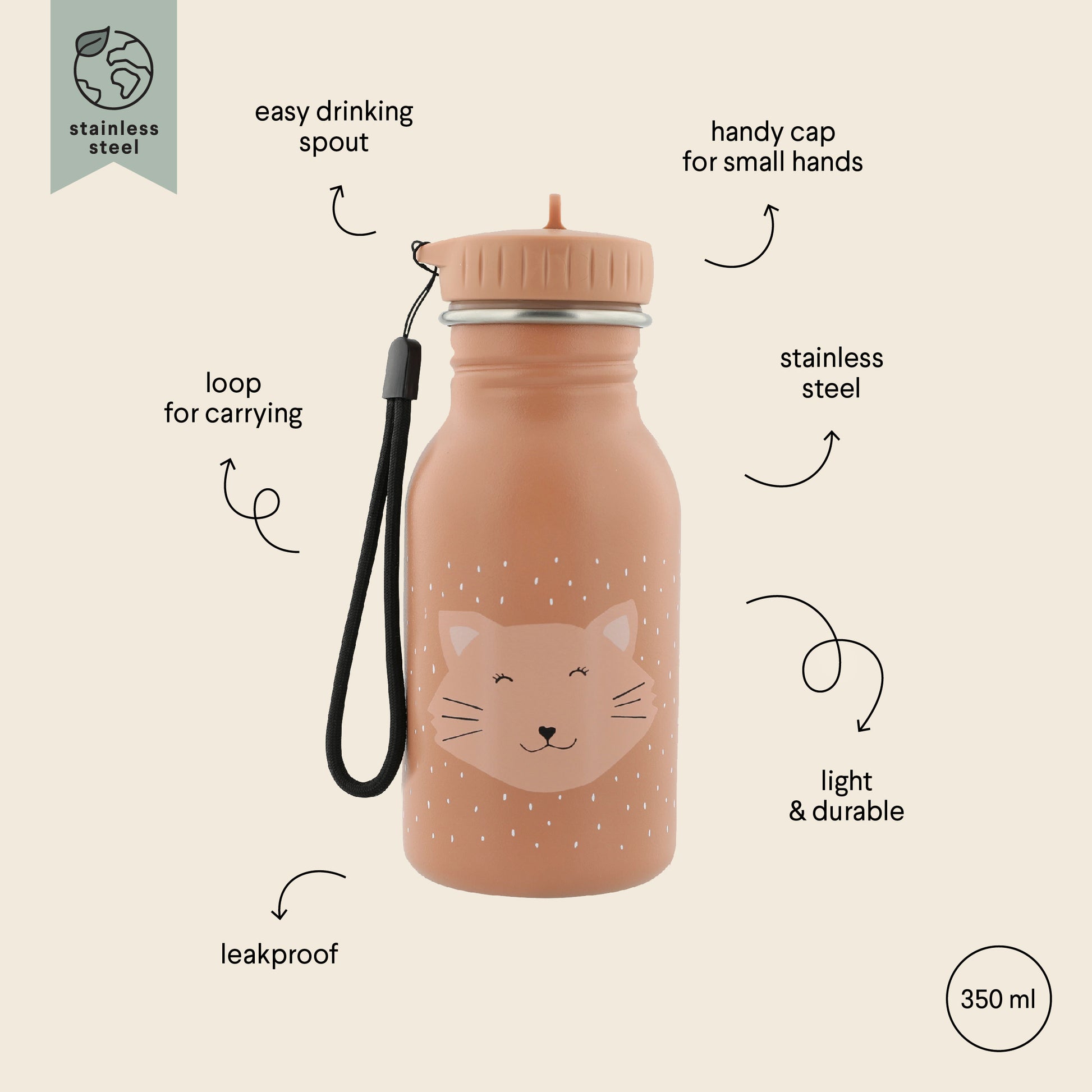 Stainless Steel Bottle 350 ml - Mrs Cat, a durable, leak-proof water bottle with a cat design. Made of stainless steel, perfect for kids on the go. Easy to clean and carry.