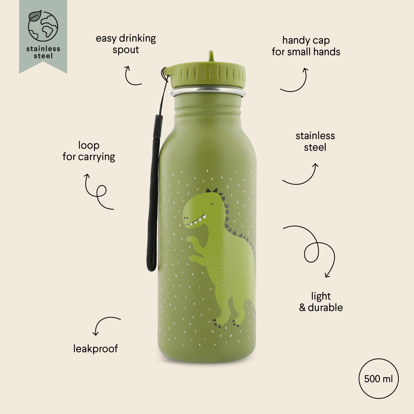 Stainless Steel Bottle 500 ml featuring Mr Dino design, ideal for kids on-the-go. Durable, leak-proof, and easy to clean. Made of stainless steel with a kid-friendly cap and convenient carrying loop.