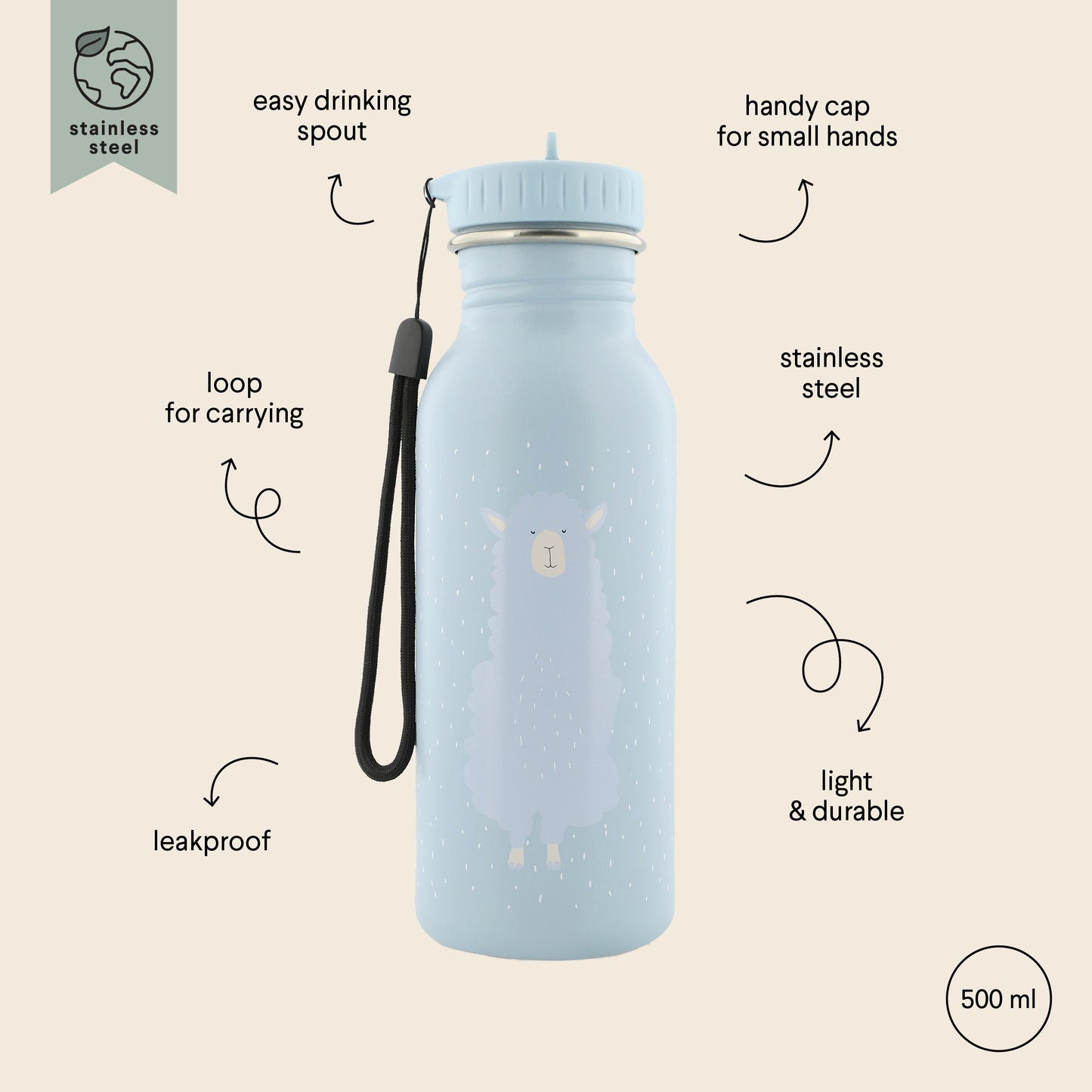 Stainless Steel Bottle 500 ml - Mr Alpaca: A durable water bottle with a llama design, stainless steel body, leak-proof cap, and kid-friendly handle for easy carrying. Dimensions: 20 cm x 6.5 cm.