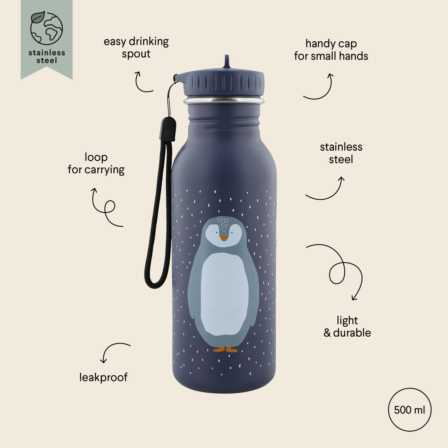 Stainless Steel Bottle 500 ml featuring Mr Penguin design, ideal for kids on-the-go. Durable, leak-proof, and easy to clean with a kid-friendly cap. Dimensions: 20 cm x 6.5 cm.