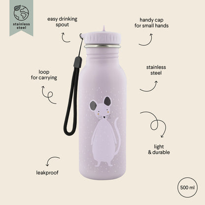 Stainless Steel Bottle 500 ml featuring Mrs Mouse design, with kid-friendly cap and loop for easy carrying. Durable, leak-proof, and sleek for on-the-go hydration. Dimensions: 20 cm x 6.5 cm.