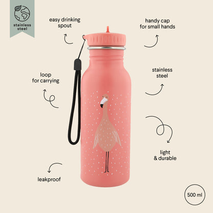 Stainless Steel Bottle 500 ml - Mrs Flamingo: A pink water bottle featuring a bird design, perfect for kids on-the-go. Durable stainless steel construction, leak-proof, with a kid-friendly cap and convenient carrying loop. Dimensions: 20 cm x 6.5 cm.