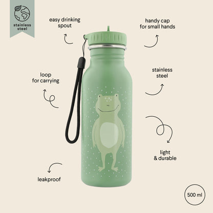 Stainless Steel Bottle 500 ml featuring Mr. Frog design. Durable, leak-proof, kid-friendly cap. Made of stainless steel, with a loop for easy carrying. Dimensions: 20 cm x 6.5 cm.