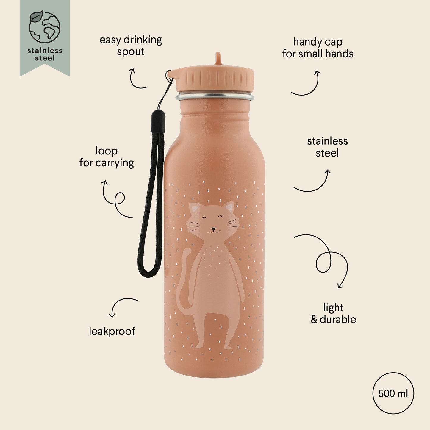 Stainless Steel Bottle 500 ml featuring Mrs Cat design, perfect for kids on-the-go. Durable stainless steel construction, leak-proof, with easy-to-open cap and convenient carrying loop. Dimensions: 20 cm x 6.5 cm.