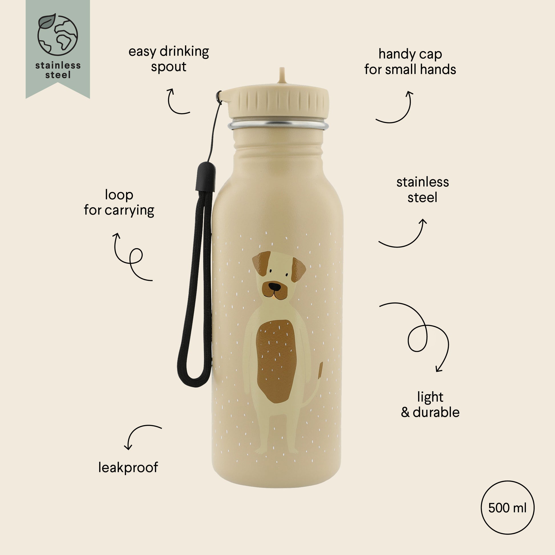 Stainless Steel Bottle 500 ml featuring Mr Dog design, ideal for kids on-the-go. Durable stainless steel construction, leak-proof, with easy-to-open cap and carry loop. Dimensions: 20 cm x 6.5 cm.