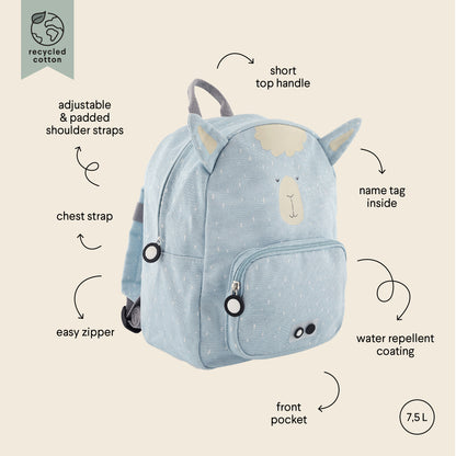 A blue backpack featuring Mr Alpaca face, adjustable straps, chest strap, big compartment, front pocket, and water repellent cotton material. Ideal for ages 3+. Dimensions: 31 x 23 x 10 cm.