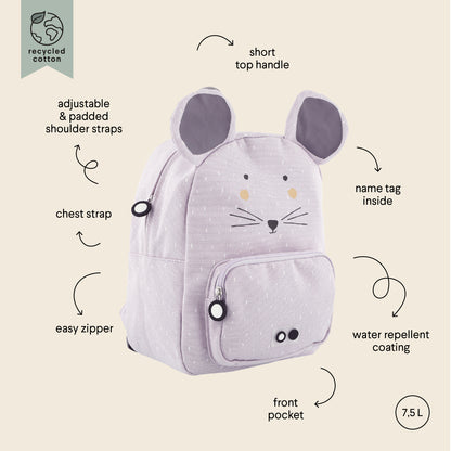 A close-up of a backpack featuring Mrs Mouse design, with adjustable straps, chest strap, water-repellent cotton material, and a spacious compartment for snacks.