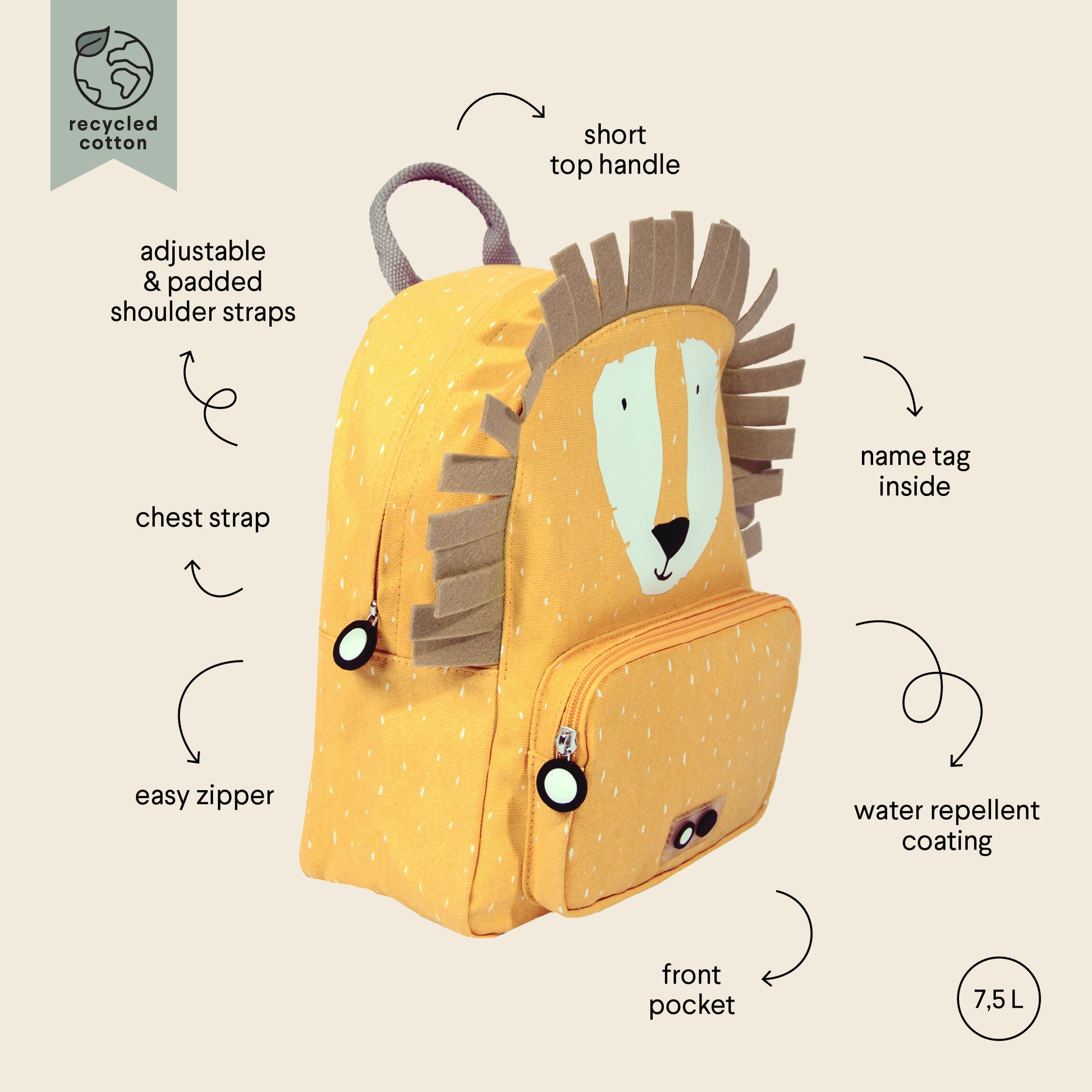 A yellow backpack featuring Mr. Lion face design. Adjustable padded straps, chest strap, water-repellent coating, big compartment, front pocket, and name tag inside. Ideal for ages 3+. Dimensions: 31 x 23 x 10 cm.