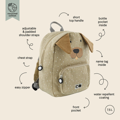 A small backpack featuring a dog face design, ideal for kids' adventures or school trips. Adjustable padded straps, chest strap, water-repellent cotton material, and 7.5L capacity. Includes front pocket and name tag.