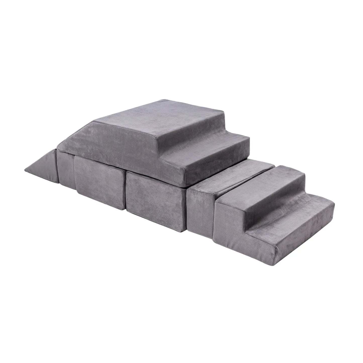 Velvet Bricks Set - Soft modular blocks for children's play, featuring a grey staircase and cushion. Promotes creativity, motor skills, and safe, educational fun.