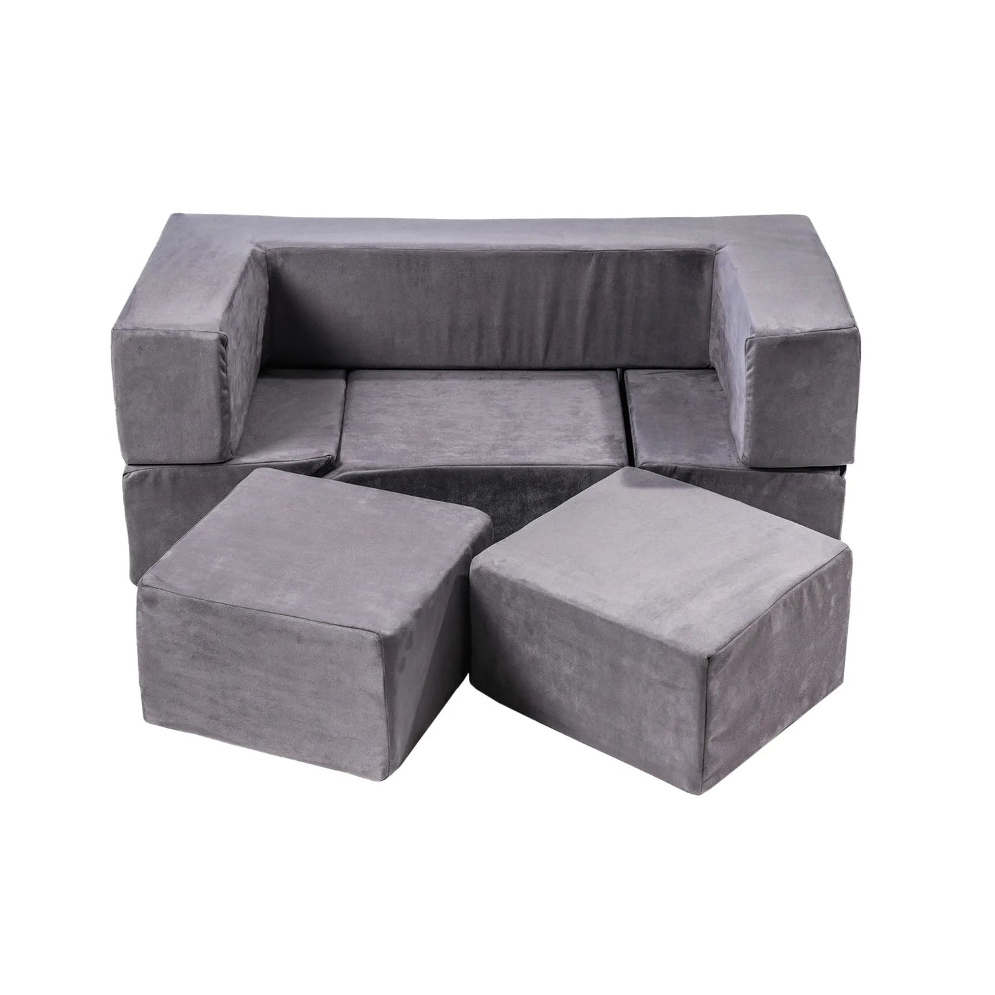 Velvet Bricks Set - Soft modular playground for children, featuring grey couch and cubes. Ideal for safe, creative play and motor skill development.