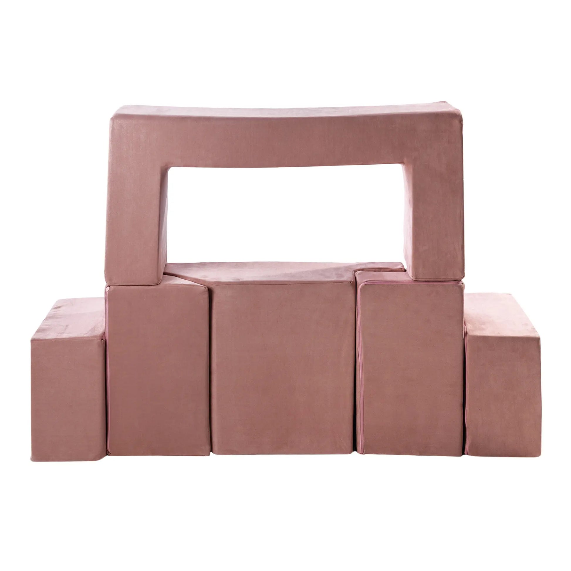 A pink multifunctional playground set for children, featuring soft velvet blocks for safe and creative play configurations. Ideal for active kids and educational spaces.