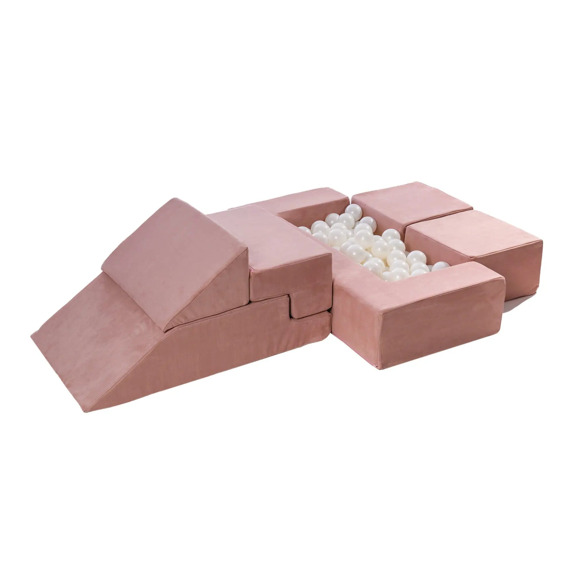 Velvet Bricks Set - Multifunctional Playground for Children - Pink: Soft pink box with white balls, ideal for safe, creative play and motor skill development. Educational and versatile.