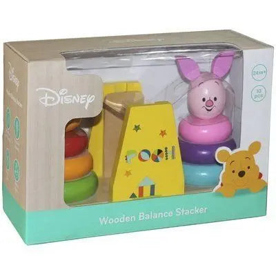 Wooden Animal Balance Game featuring Winnie Balance Stacker toy in a box with cartoon bear cut out, pink toy, and yellow pyramid. Promotes balance, creativity, and skill development for kids.