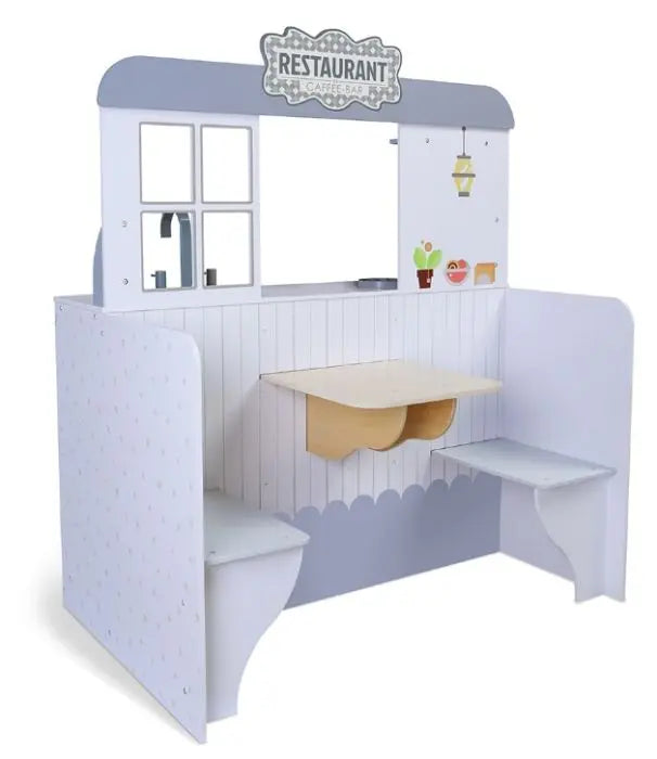 A wooden 2-in-1 play kitchen & diner set by Gerardo’s Toys, encouraging imaginative play with dual functionality and included accessories for creative culinary adventures.