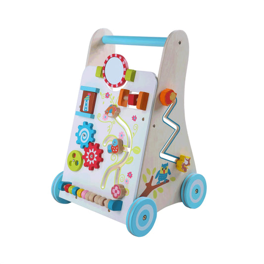 Wooden Activity Centre & Walker with engaging activities on wheels for child development, motor skills, creativity, and balance. Compact size: 31 x 34 x 50 cm.