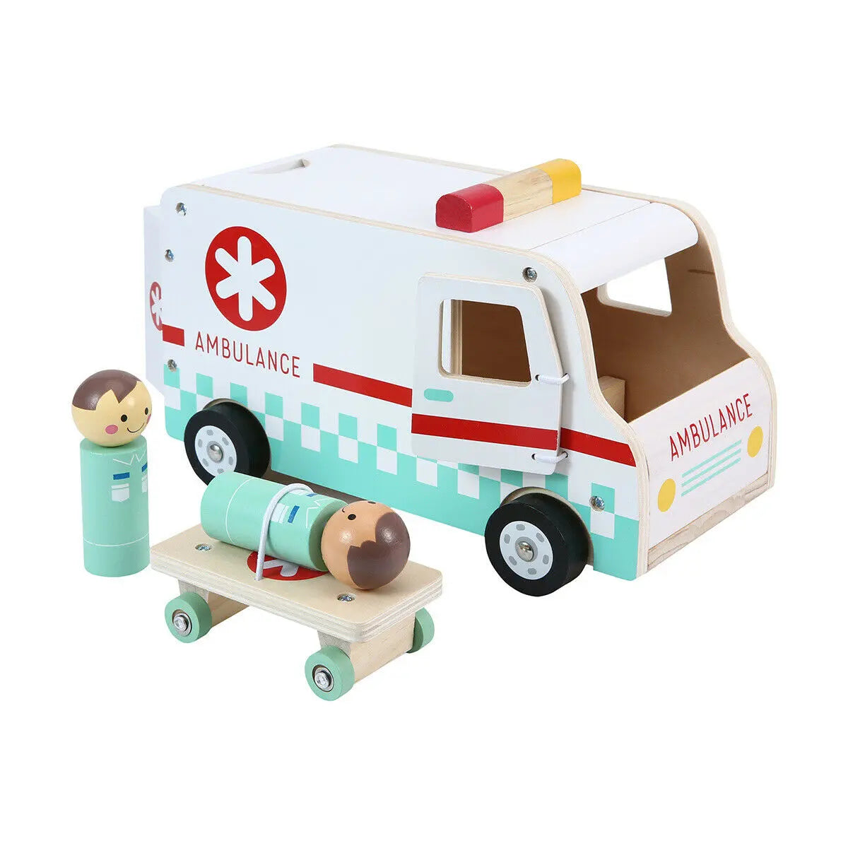 Wooden Ambulance Car toy with moving wheels, opening doors, and removable roof. Includes ambulance, stretcher, and 2 minifigures for imaginative play.