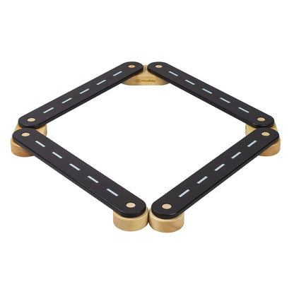 Wooden Balance Beam - 4 Elements, featuring a toy road with white markings, designed for educational play with numbers and geometric figures.