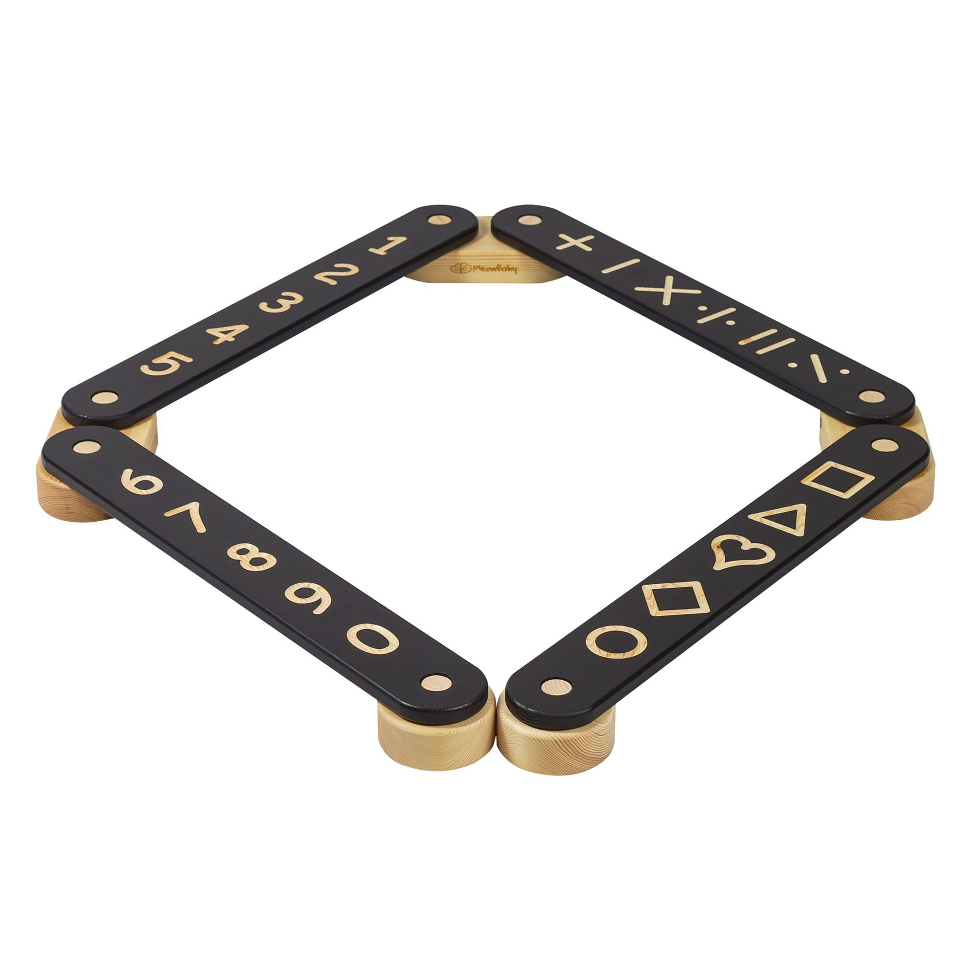 Wooden Balance Beam - 4 Elements, featuring a black surface with milled numbers and shapes, designed for educational play, balance, and imagination development.