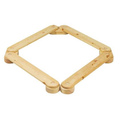 Wooden Balance Beam - 4 Elements: Close-up of pine wood beams with milled graphics for educational play, promoting balance and creativity in children.