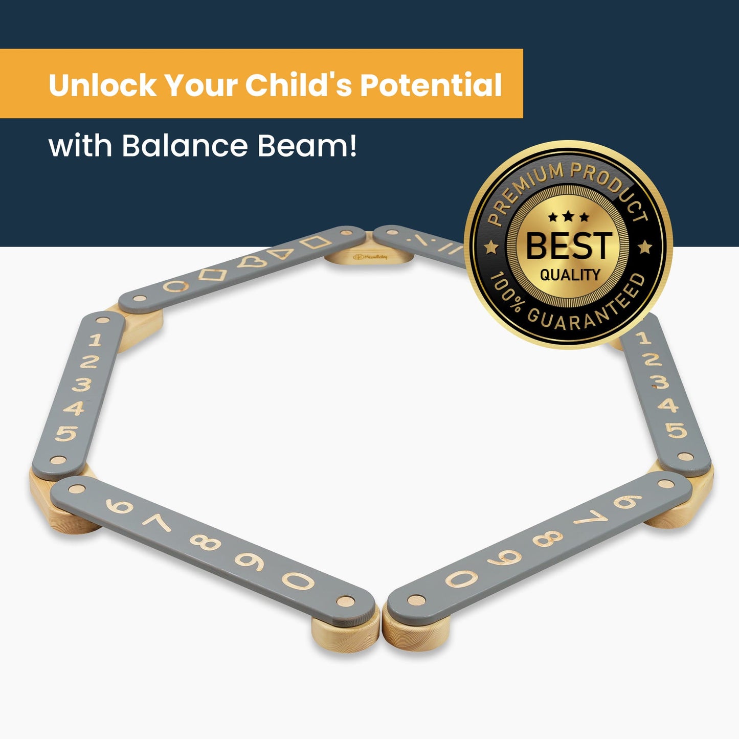 Wooden Balance Beam - 4 Elements, hexagon-shaped tool with milled numbers and shapes, enhancing children's balance and math learning through interactive play.