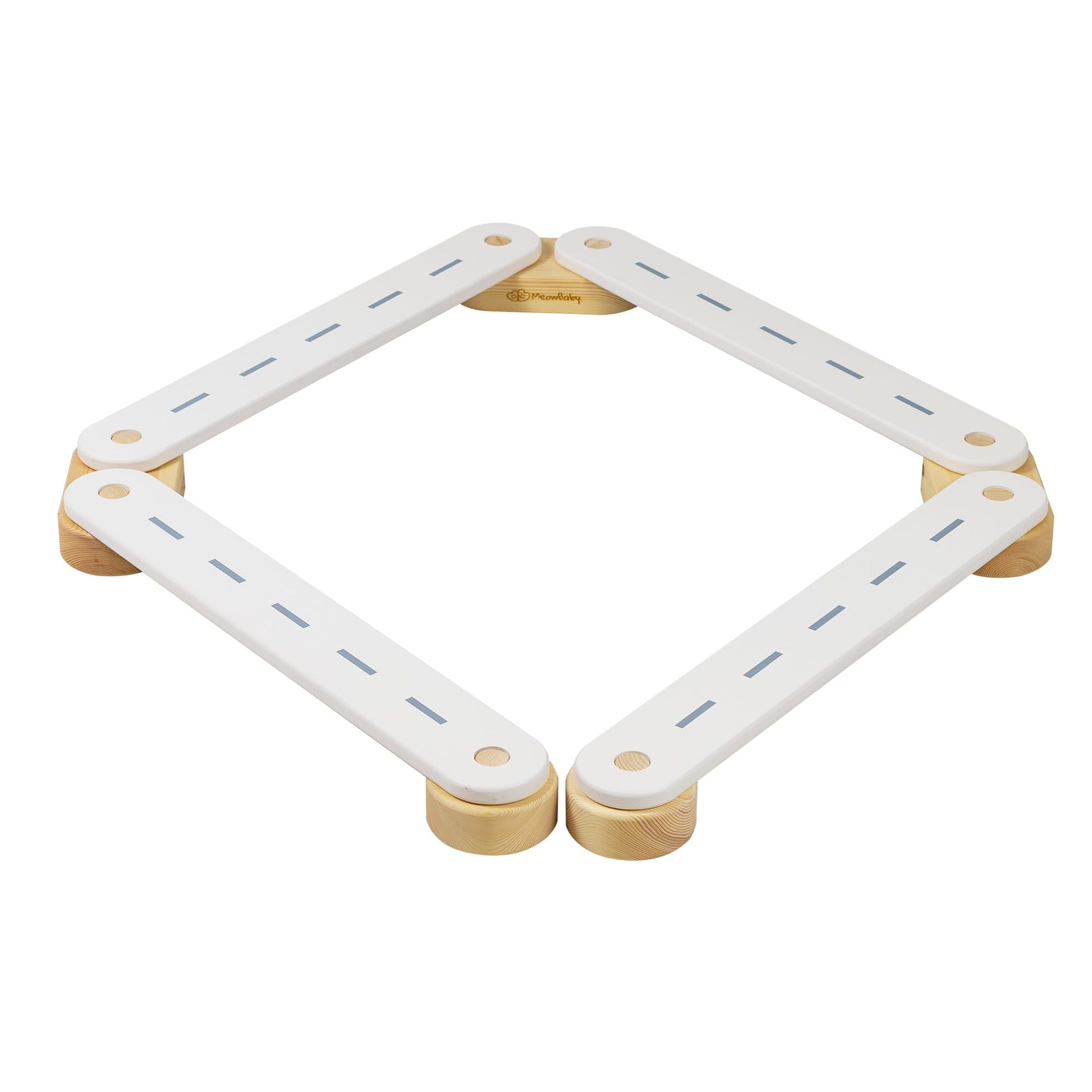 Wooden Balance Beam - 4 Elements, featuring a white wooden design with blue markings and milled graphics, ideal for educational play and balance exercises.