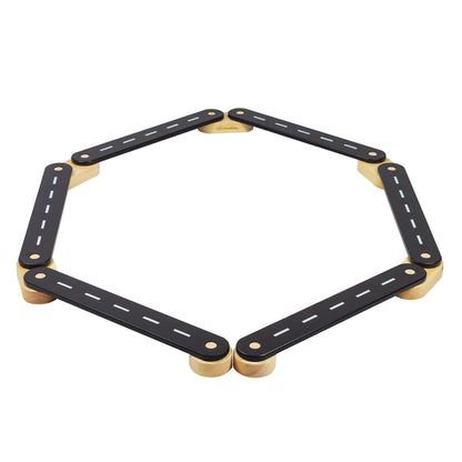 Wooden Balance Beam - 6 Elements, hexagon-shaped toy with black and white markings, designed for educational play and sensory development, promoting balance and imaginative arrangement.