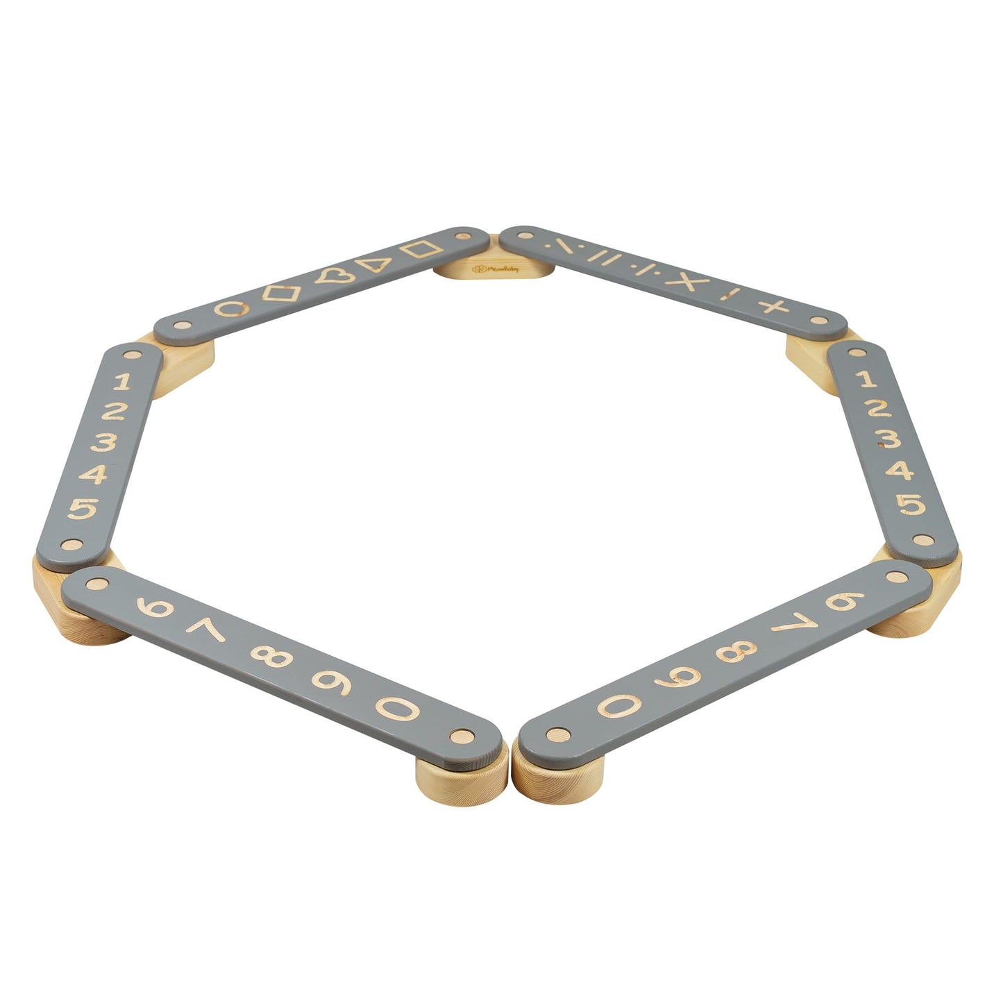 Hexagon-shaped Wooden Balance Beam - 6 Elements with numbered and geometric engravings, designed for educational play and balance development.