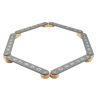 Hexagon-shaped Wooden Balance Beam - 6 Elements with numbered and geometric engravings, designed for educational play and balance development.